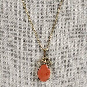 Vintage Orange Coral Oval Pendant Necklace 12K GF Signed Sterling F 18"